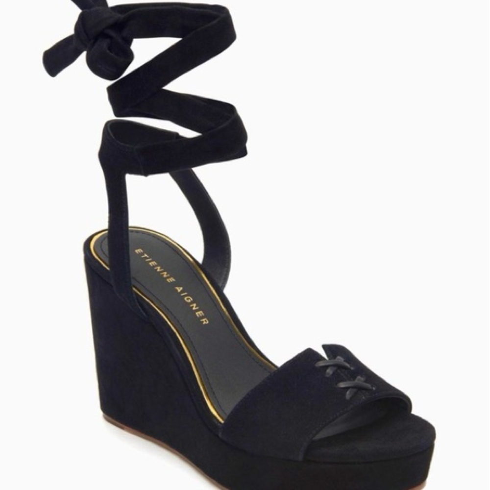 Etienne Aigner Black Lace-Up Wedge Sandals